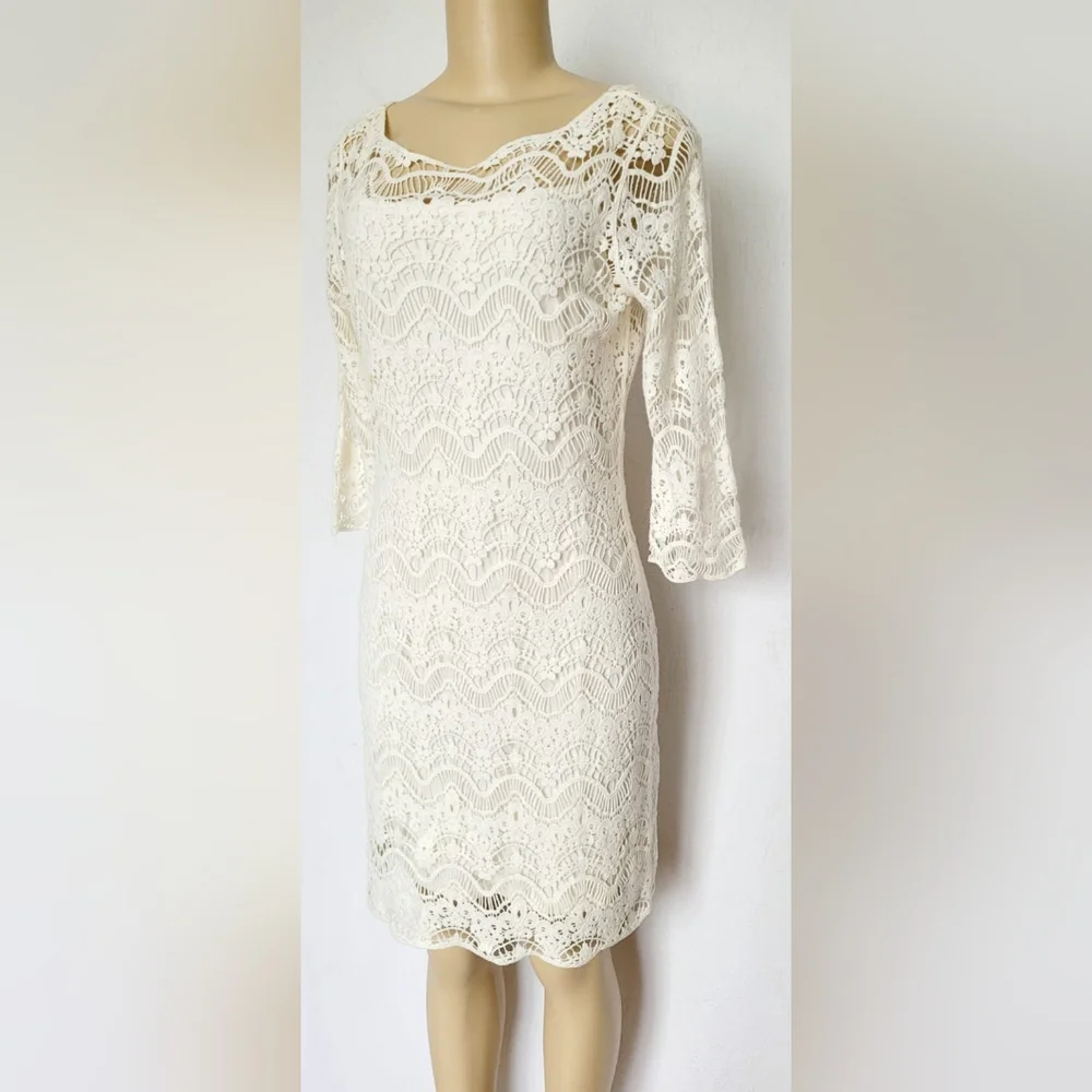 Ralph Lauren 100%Cotton White Crochet Sheath Dress 3/4 Sleeve Crew Neck Lined M - Picture 4 of 16